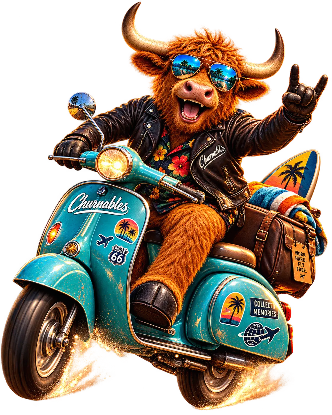 Buck, the Churnables highland cow, riding a sticker-covered scooter in sunglasses and a floral shirt.