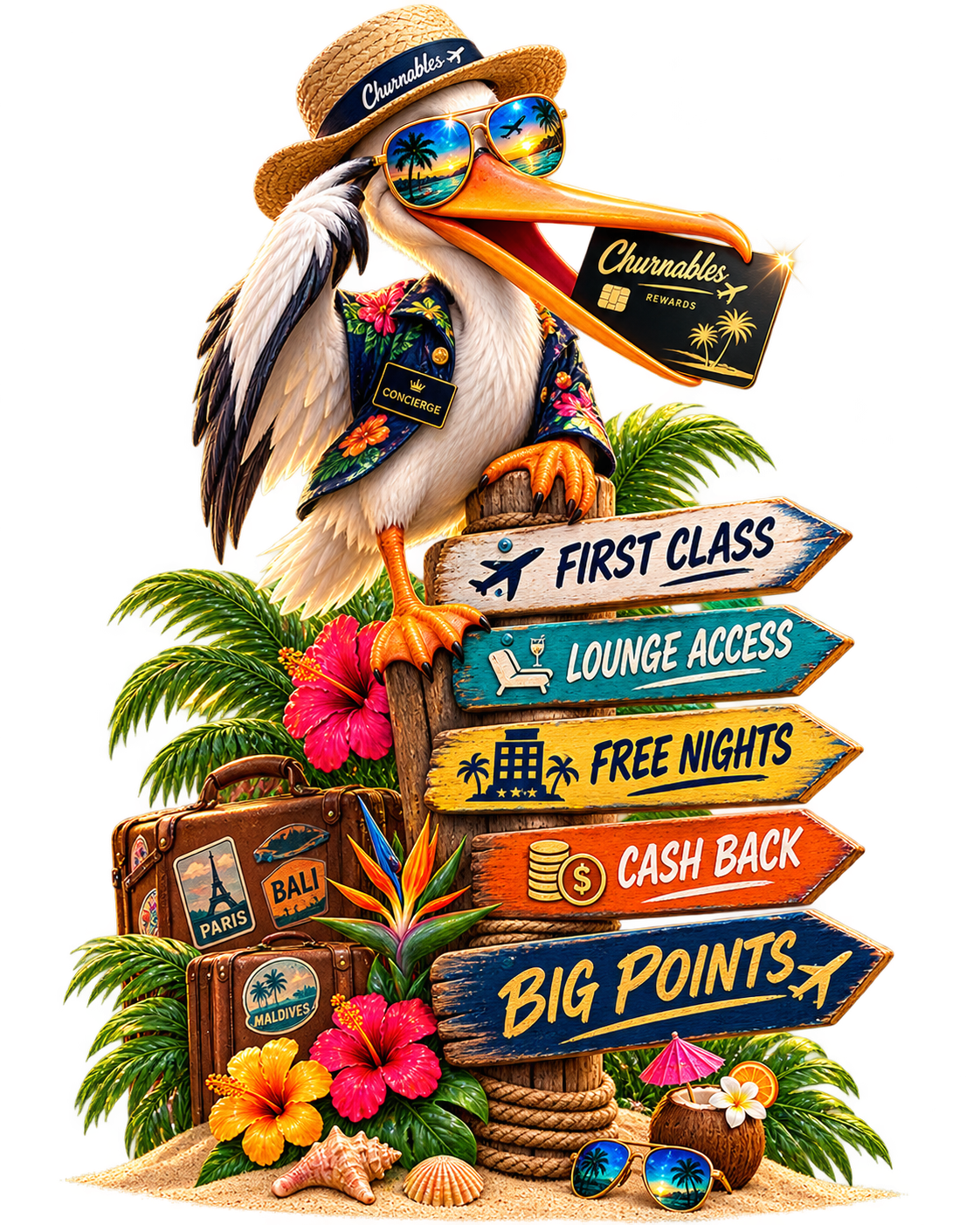 Sully the pelican in a straw hat holding a Churnables card beside signposts reading first class, lounge access, free nights, cash back and big points.