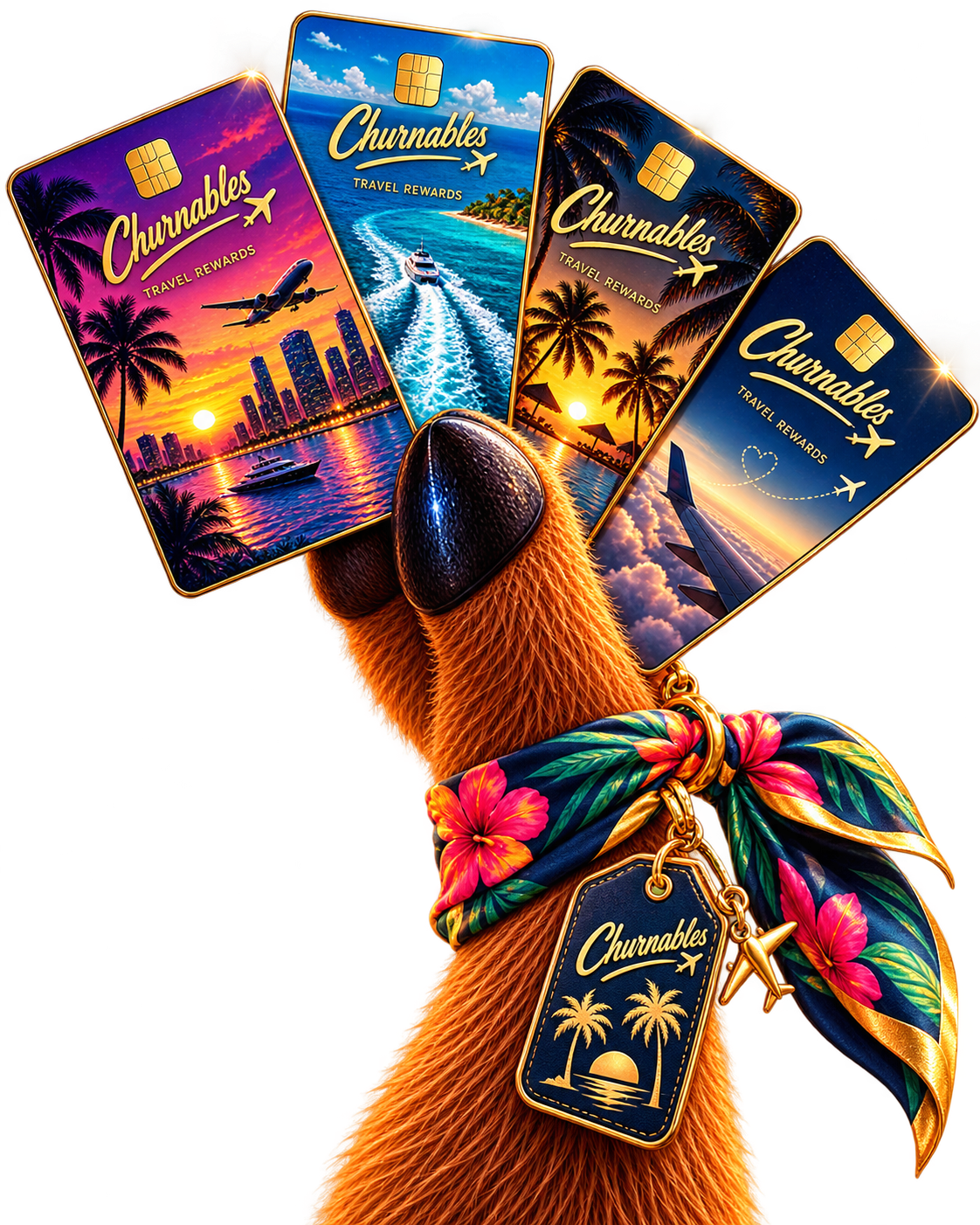 A hoof holding a fan of four gold-trimmed Churnables travel rewards cards.