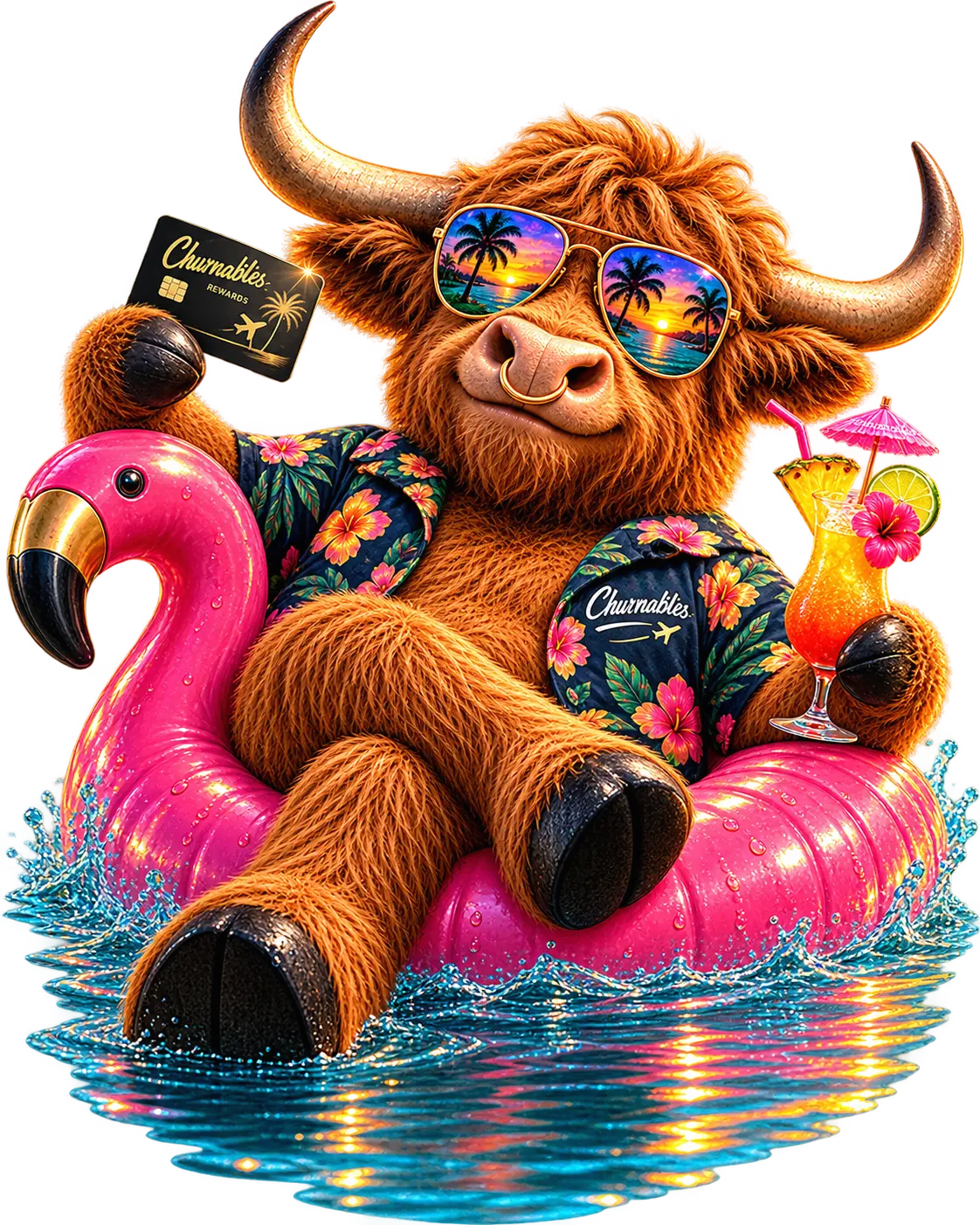Buck the highland cow relaxing in a pink flamingo pool float, holding a Churnables rewards card and a tropical drink.