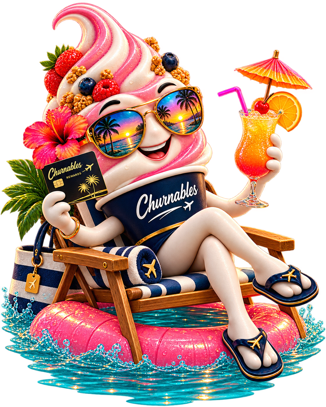 A strawberry soft-serve cone in sunglasses lounging in a beach chair with a Churnables rewards card and a cocktail.