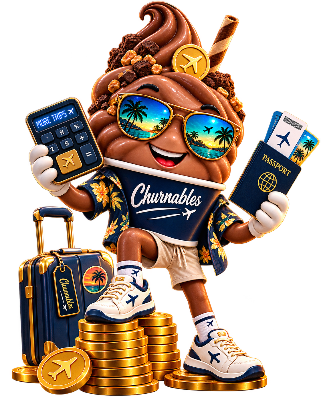 A chocolate soft-serve cone in a Churnables shirt holding a calculator and a passport while standing on stacks of gold coins.